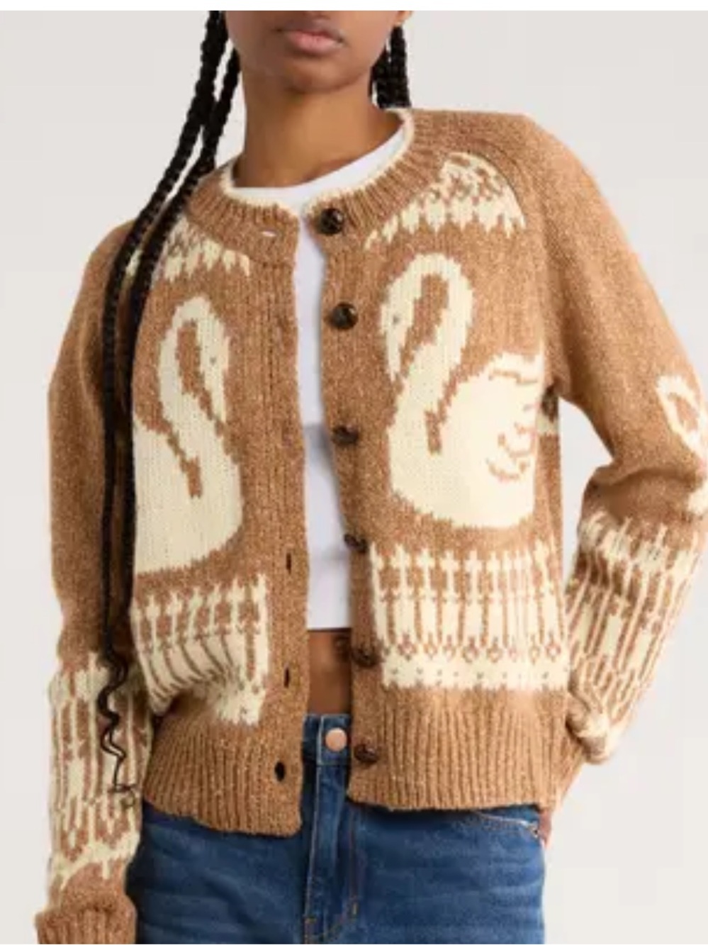 Urban Outfitters Kimchi Blu Bambi Twin Swan Fair Isle Cotton/wool Cardigan